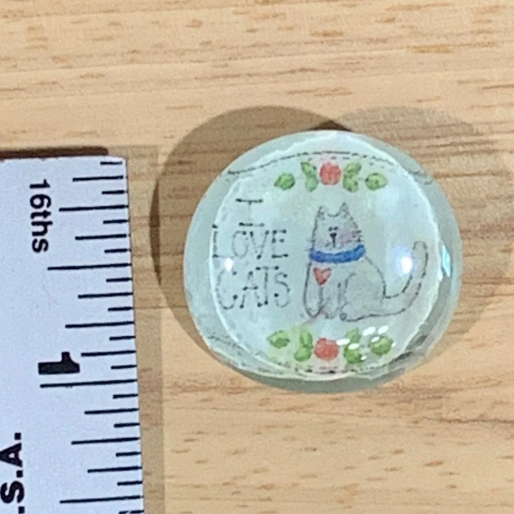 I Love Cats Glass Cabochon Pin Brooch Round Illustrated Feline White Blue 1 Inch